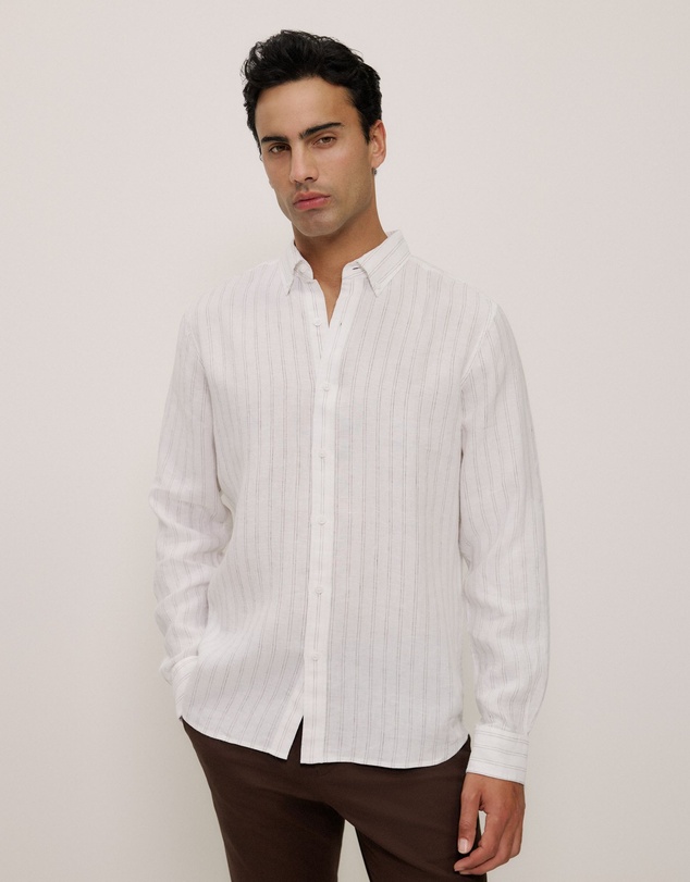 Trenery - Regular Fit Delave Linen Fine Stripe Shirt in White