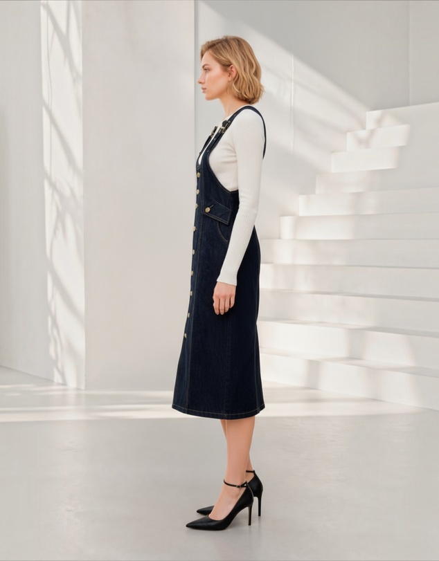 Mossée - Dahlia Denim Button-Front Strap Dress