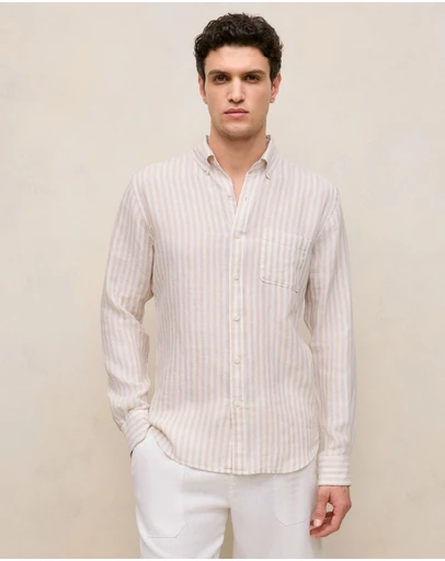 Trenery - Regular Fit Linen Bengal Stripe Shirt in Sand