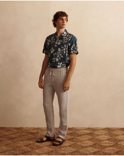 Trenery - Cotton Blend Washed Floral Short Sleeve Shirt in Deep Sea Green