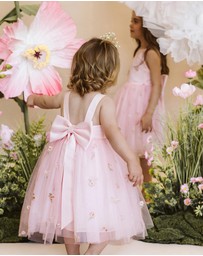 Bebe by Minihaha - Pink Floral Embroidered Back Bow Tulle Dress With Bloomers - Babies