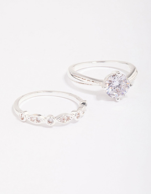 Lovisa - Silver Plated Cubic Zirconia Round Stone Ring Pack