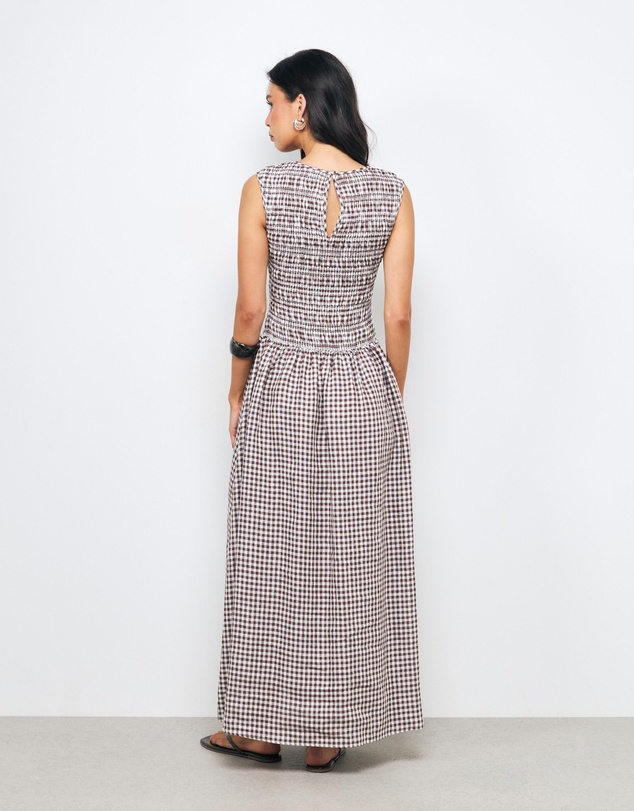 AERE - Inka Linen Gingham Shirred Maxi Dress