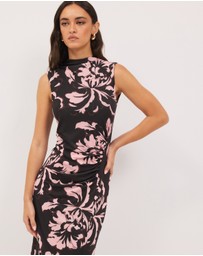 Calli - Luca Gathered Mesh Floral Midi Dress