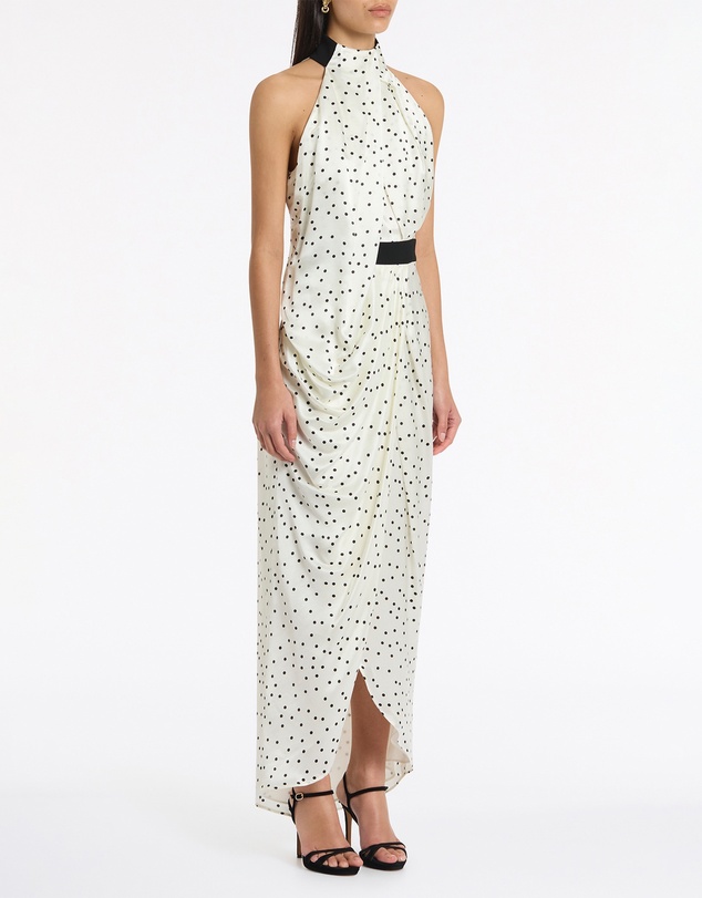 Carla Zampatti - Monochrome Dot Silk Viscose Halter Draped Gown