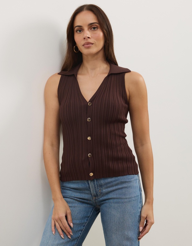 Atmos&Here - Sleeveless Rib Knit Top With Collar