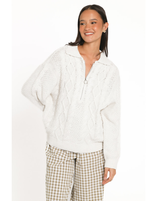 Petal & Pup - Rema Quarter Zip Cable Sweater - Ivory Marl