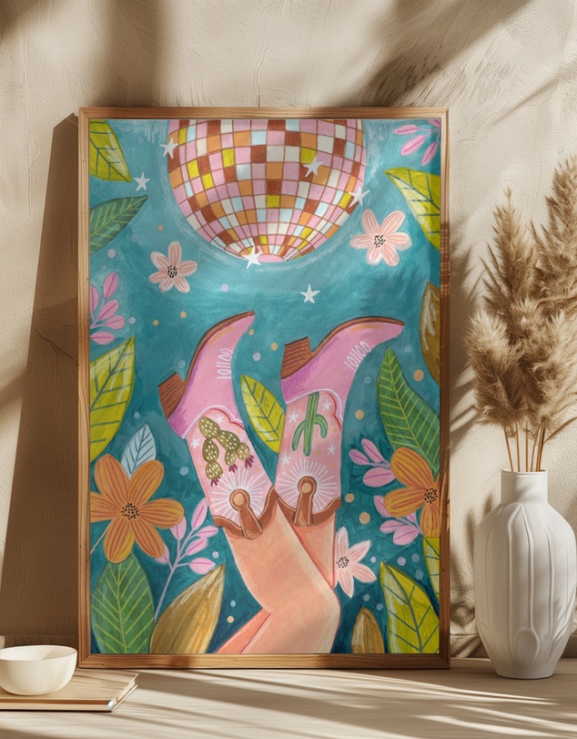 Olive et Oriel - Cowboy Boots And Disco Ball by Caroline Bonne Muller Art Print