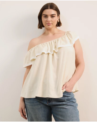 Atmos&Here Curvy - Sienna Linen Blend One Shoulder Tier Top With Contrast Trim