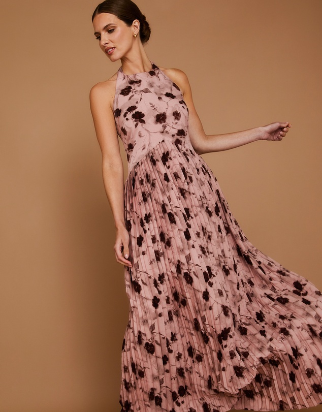 Six Stories - Floral Halter Neck Pleated Ruffle Maxi Dress