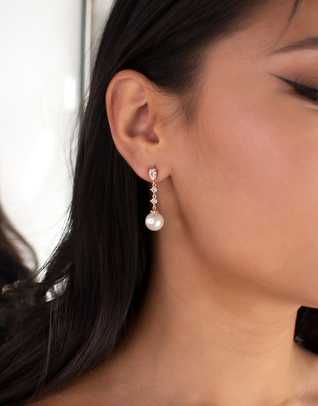 The White Collection - Beatrice - Classic Gold Pearl Bridal Drop Earrings