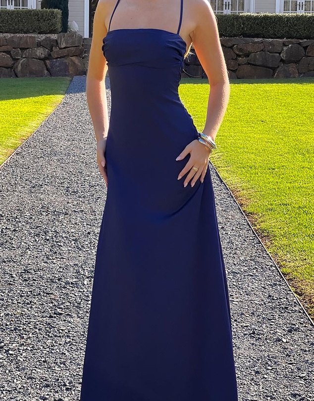 Beginning Boutique - Blaise Navy Satin Maxi Dress