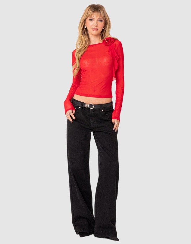 EDIKTED - Larose Sheer Mesh Flower Pin Top