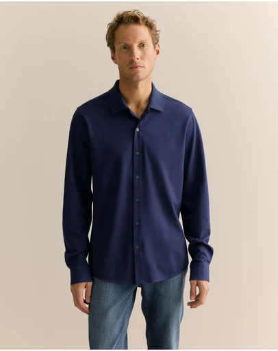 Trenery - Tailored Fit Pique Cotton Monogram Shirt in Strong Blue