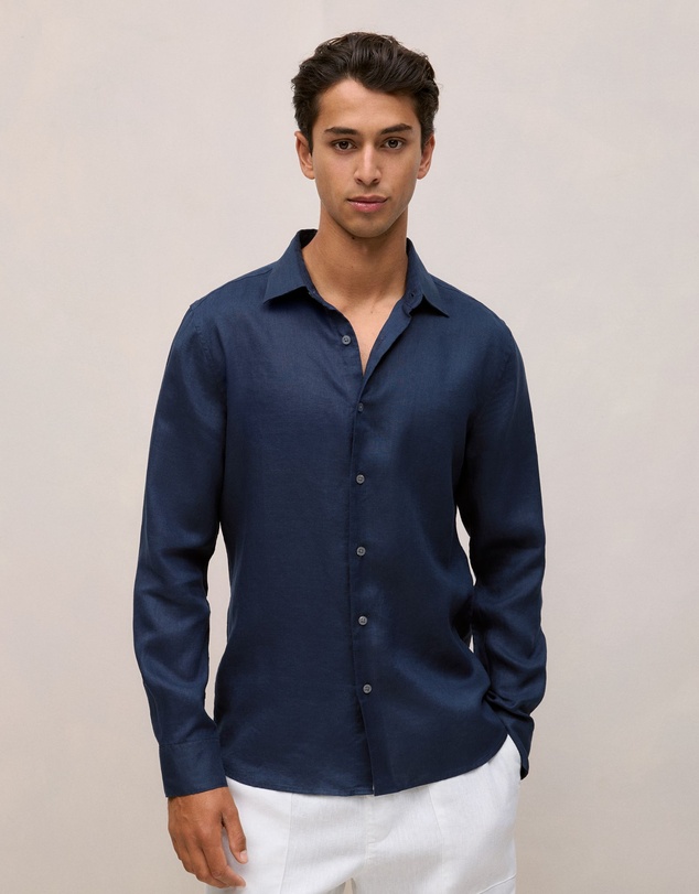 Trenery - Tailored Fit Linen Long Sleeve Shirt in Navy