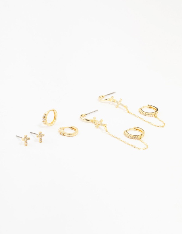 Lovisa - Gold Plated Brass Cross Stud & Chain Earrings 4-Pack