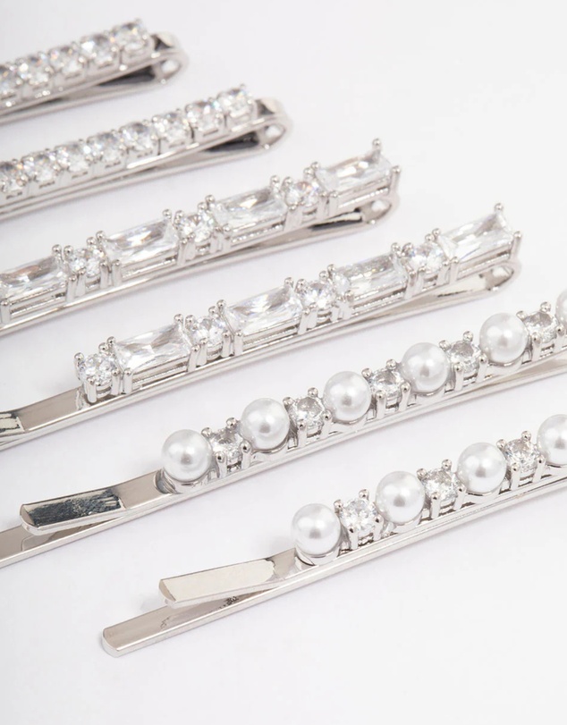 Lovisa - Silver Plated Cubic Zirconia Mixed Stone & Pearl Hair Clips 6-Pack