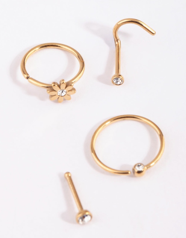 Lovisa - Gold Plated Surgical Steel Flower & Diamante Nose Stud 4-Pack