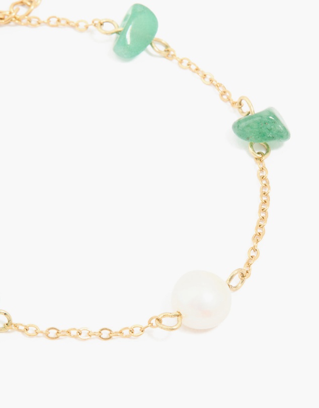 Lovisa - Waterproof Gold-Plated Stainless Steel Pearl & Green Semi Precious Stone Chip Bracelet