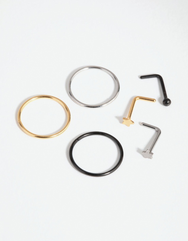Lovisa - Surgical Steel Ball Star Nose Ring & Stud 6-Pack
