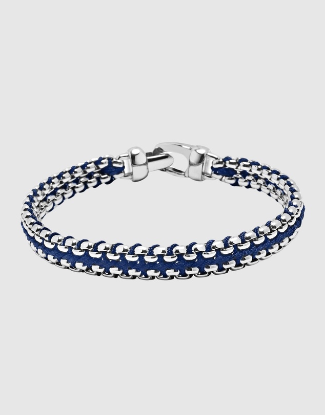 Nialaya Jewellery - Men's Navy Woven 8mm Box Chain Bracelet in Silver