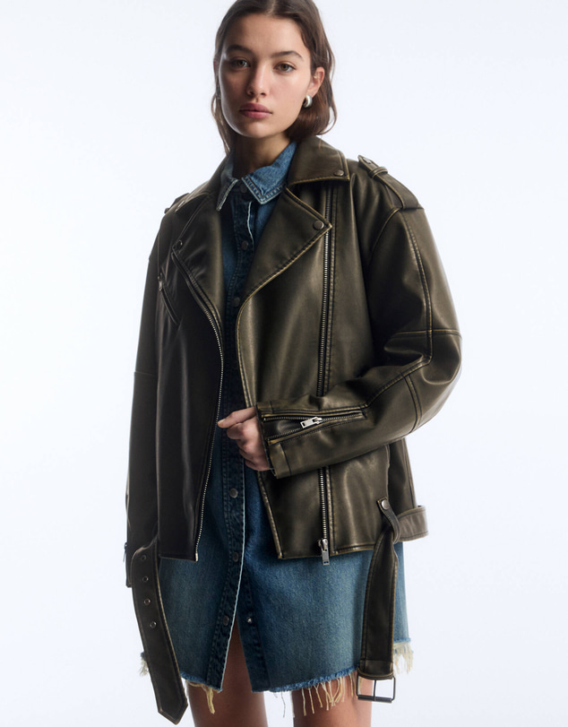 Pull&Bear - Distressed Faux Leather Biker Jacket