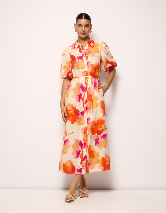 AERE - Linen Puff Sleeve Relaxed Shirt Dress