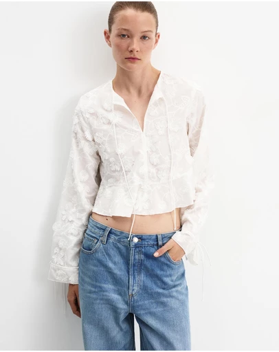 M.N.G - Cotton Blouse with Floral Embroideries