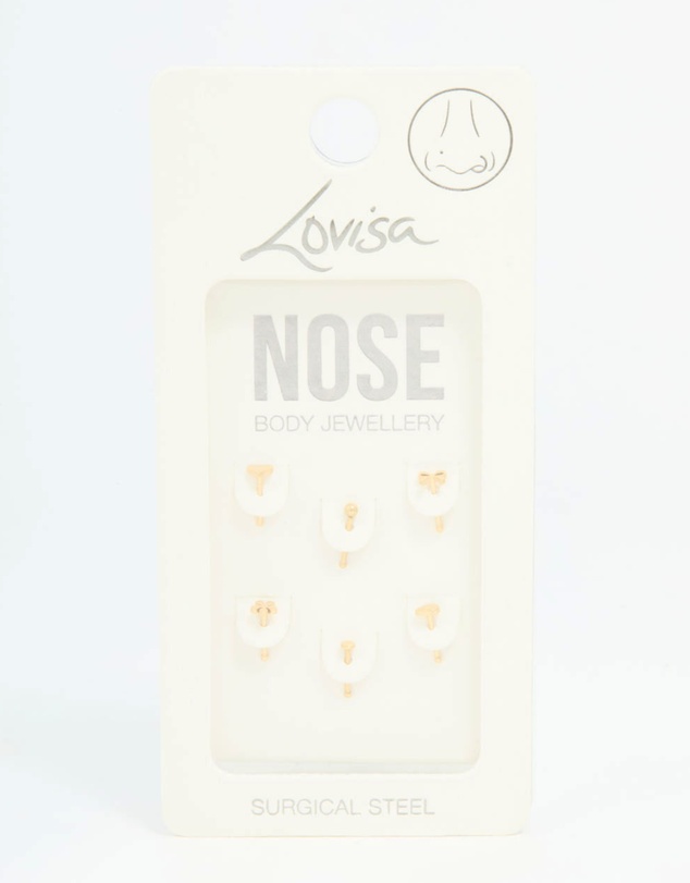 Lovisa - Gold Plated Surgical Steel Heart, Bow & Flower Nose Stud 6-Pack