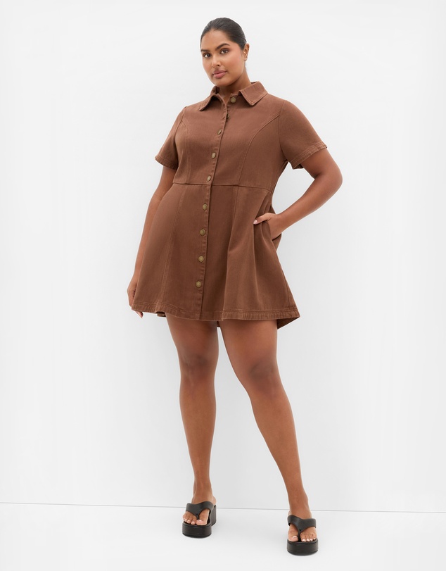 City Chic - Plus sizeLeia Short Sleeve Drill Mini Dress - chocolate