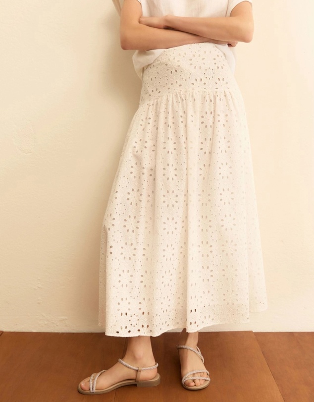 Emme - White Cotton Embroidered Midi Skirt