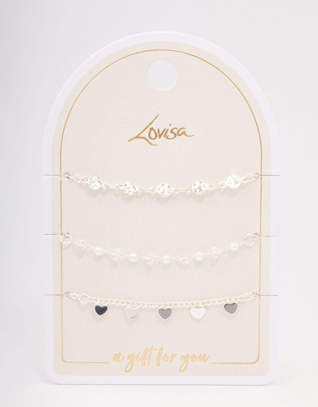 Lovisa - Silver Disc Pearl & Heart Bracelet Pack