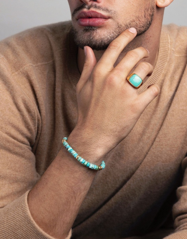 Nialaya Jewellery - Men's Hexagon Beaded Bracelet with Turquoise and Gold