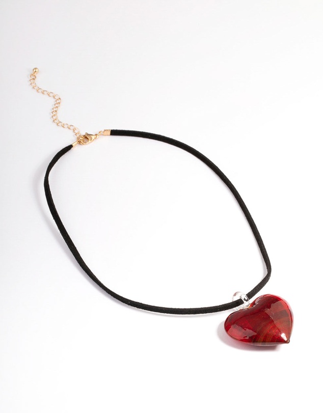 Lovisa - Large Red Puffy Heart Suede Cord Necklace
