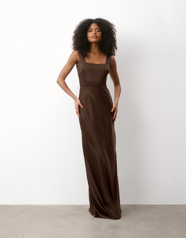 Six Stories - Square neck Satin Bridesmaid Dress with Chiffon Cape