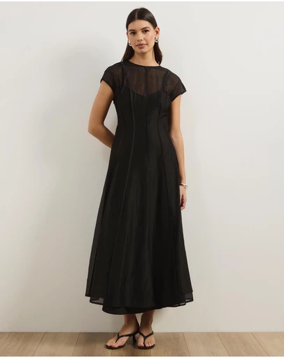Atmos&Here - Cindy Short Sleeve Panelled Organza Midi Dress