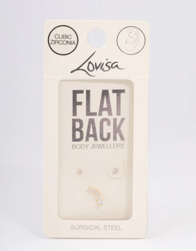 Lovisa - Gold Plated Surgical Steel Cubic Zirconia Crawler Flat Back Pack