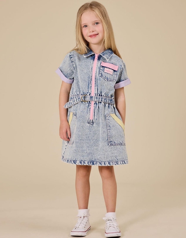 Goldie + Ace - Pastel Pop Piper Denim Belted Dress - Babies-Kids