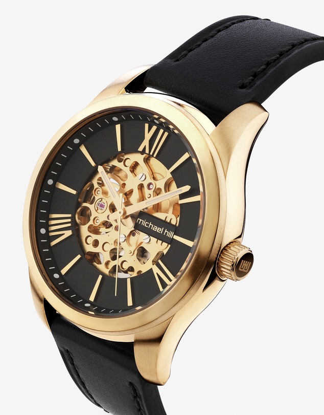 Michael Hill - Michael Hill Automatic Skeleton Watch In Gold Tone Stainless Steel And Leather