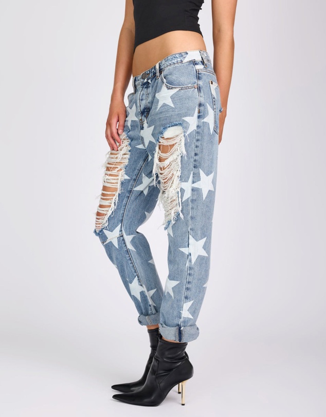 ONE TEASPOON - Saints Low Waist Boyfriend Denim Jeans - Starwash Blue