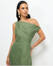 Revibe - Repaired AERE Fia Linen Draped Off Shoulder Maxi Dress - AU 12