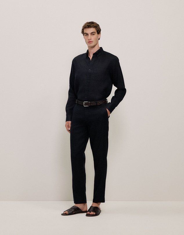 Trenery - Regular Fit Linen Classic Long Sleeve Shirt in Black