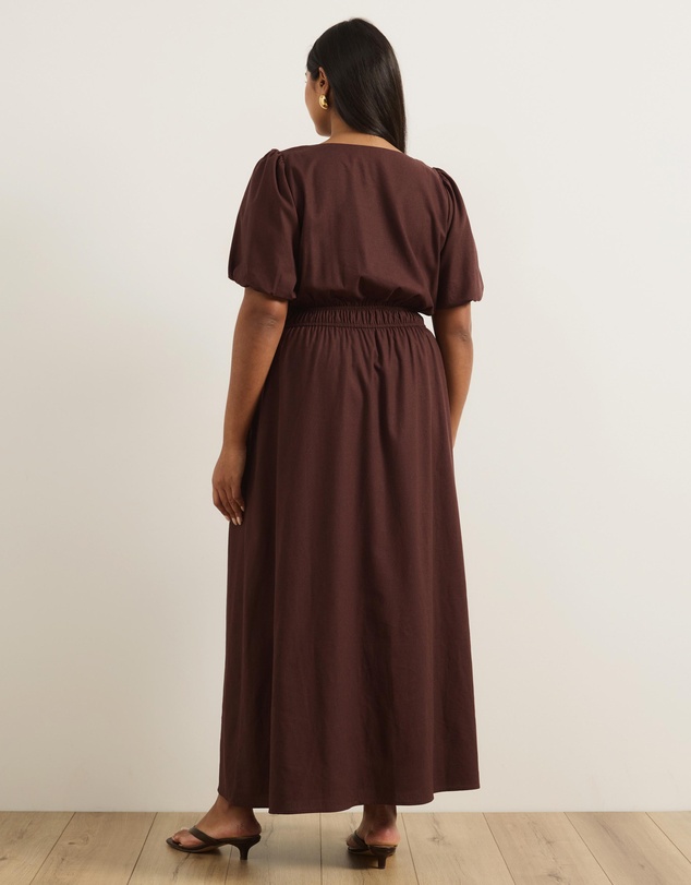 Atmos&Here Curvy - Linen Blend Puff Sleeve Maxi Dress