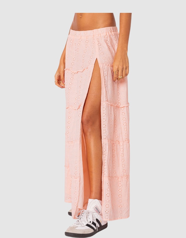 EDIKTED - Tiered Eyelet Slitted Maxi Skirt