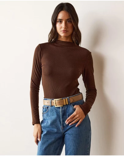 Atmos&Here - Mock Neck Rib Long Sleeve Top