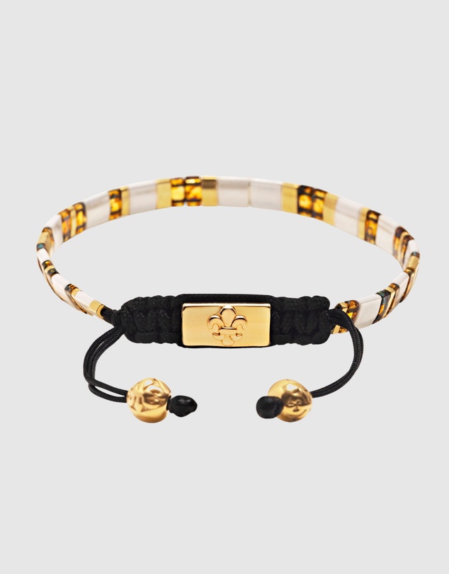 Nialaya Jewellery - Men's Bracelet With White, Marbled Amber And Gold Miyuki Tila Beads