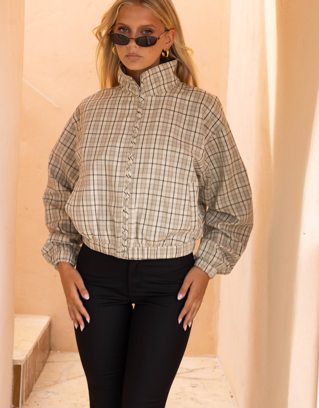Beginning Boutique - Lee Beige Plaid Funnel Neck Jacket