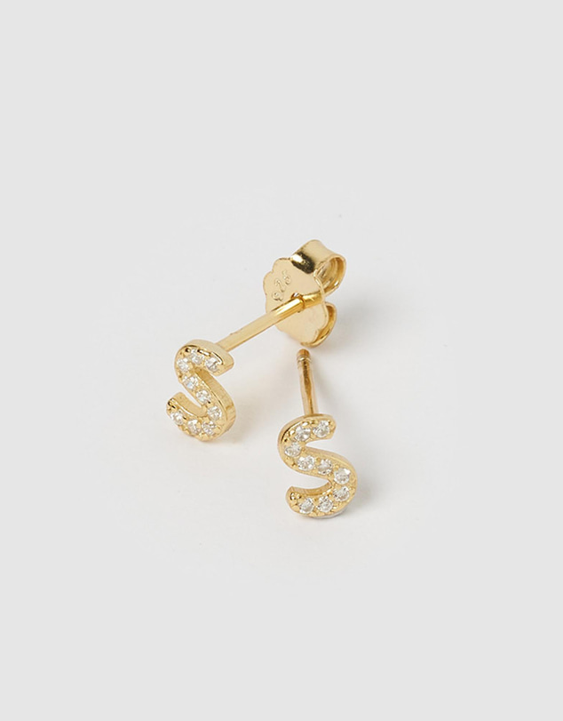 Izoa - Alphabet Mini Letter S Stud Earrings Gold