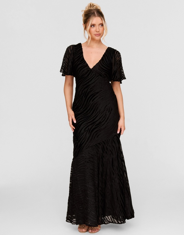 Six Stories - Animal Devore Flutter Sleeve Maxi Dress