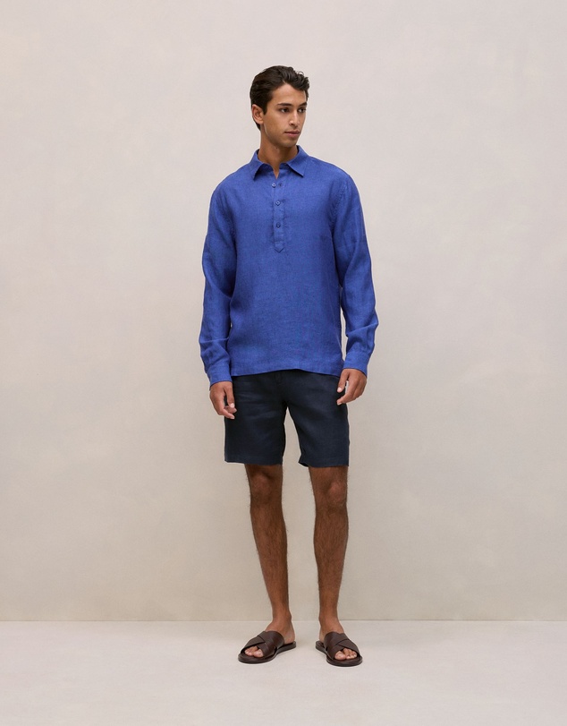 Trenery - Linen End On End Half Placket Shirt in Vivid Blue